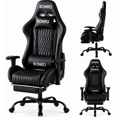 Геймерське крісло з підставкою для ніг Bonro 1002G-1 чорне (42401214)