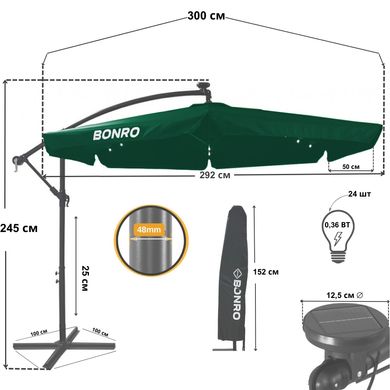 Парасоля садова з підсвіткою LED зелена Bonro B-7218LP 3м 6 спиць (42400499)